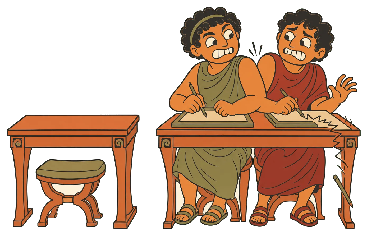 Illustration: two figures crammed at one small desk, elbows colliding, the scribe's stylus skidding off his tablet, while an identical empty desk sits beside them.