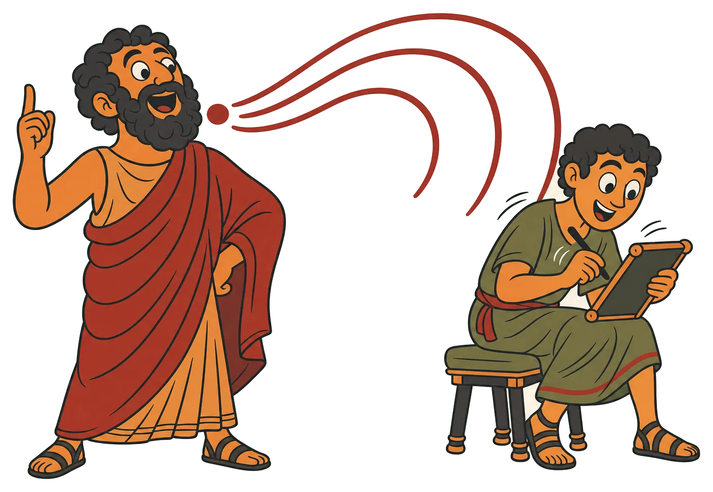 Illustration: a cheerful bearded philosopher speaking, sound arcs sweeping from his mouth to a delighted scribe who is keeping up easily.