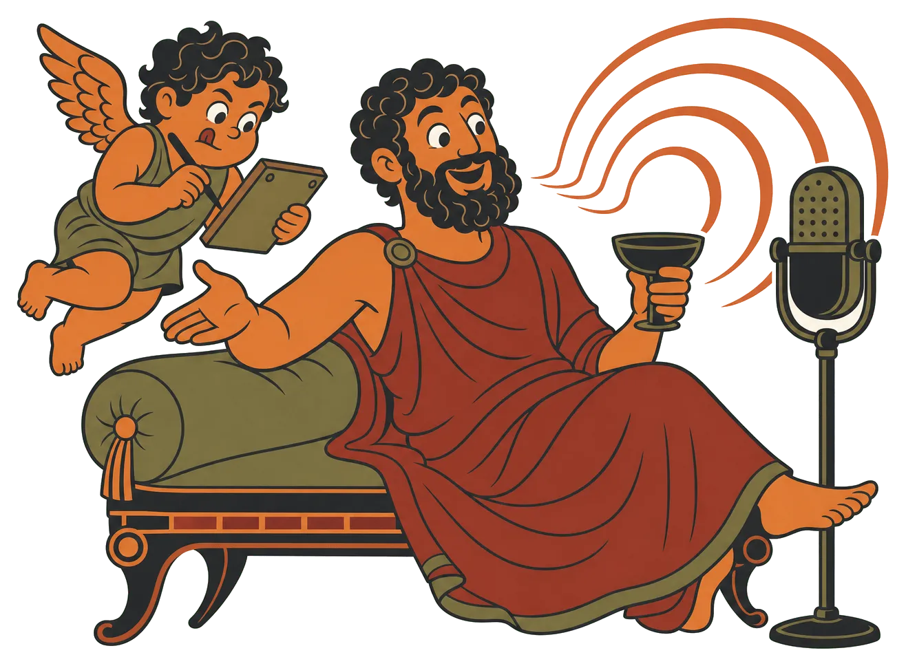 Illustration: a relaxed bearded figure reclining with a wine cup, talking into a retro broadcast microphone, while a small winged figure behind him takes notes with intense concentration.