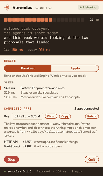 The Sonocles menu bar popover, listening: a level meter, the last lines of a transcript ending — and this week we are looking at the two proposals that landed — with its lag, the engine picker on Parakeet with the three speeds under it, the connected apps section with the key and the two ports, and a strip reading sonocles 0.1.3 · Parakeet · 160 ms · 2 apps.