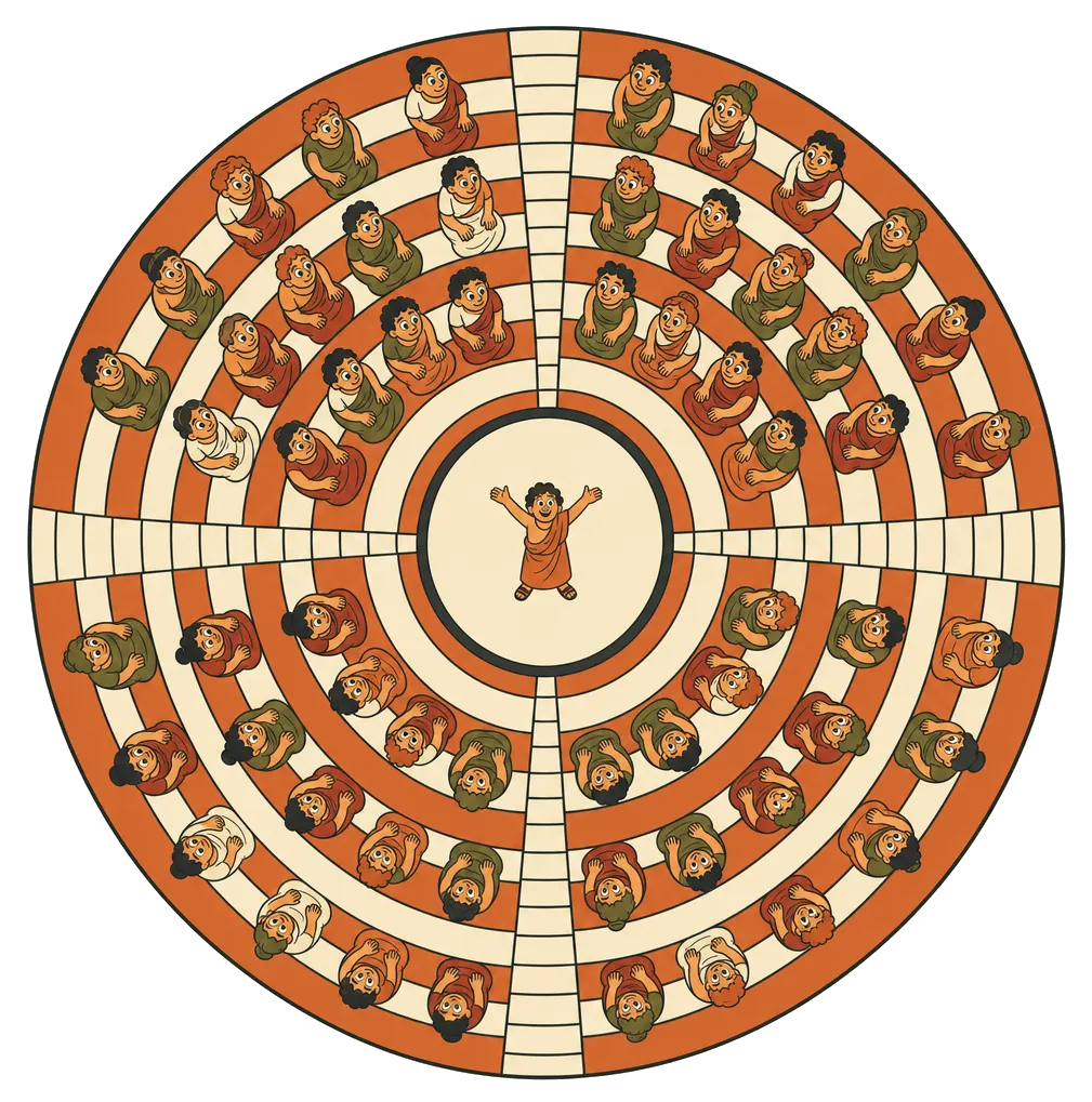 Illustration: a Greek amphitheatre seen from above as concentric rings radiating from one tiny figure on the central stage, reading equally as a sound wave.
