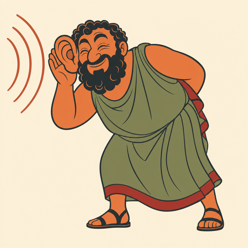 Illustration: a round friendly bearded figure cupping an enormous ear, eyes squeezed shut in theatrical concentration, sound arcs arriving at his hand.